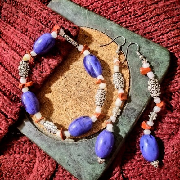 Jewelry - Blue Beaded Bracelet & Matching Dangle Earrings Set – Silver & Coral Accents